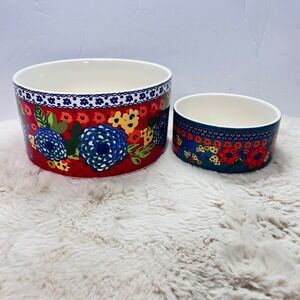 Pioneer Woman Nesting Bowls Floral Stoneware Set of 2 Red‎ Blue Kitchen Decor